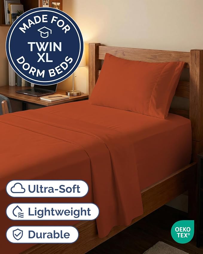 Extra Deep Twin XL Sheet Set - 3 Piece College Dorm Room - Terracotta | Soft, Breathable & Cooling, Easily Fits 18 to 24 inch Mattress, Wrinkle Free & Fade Resistant with Extra Deep Pockets
