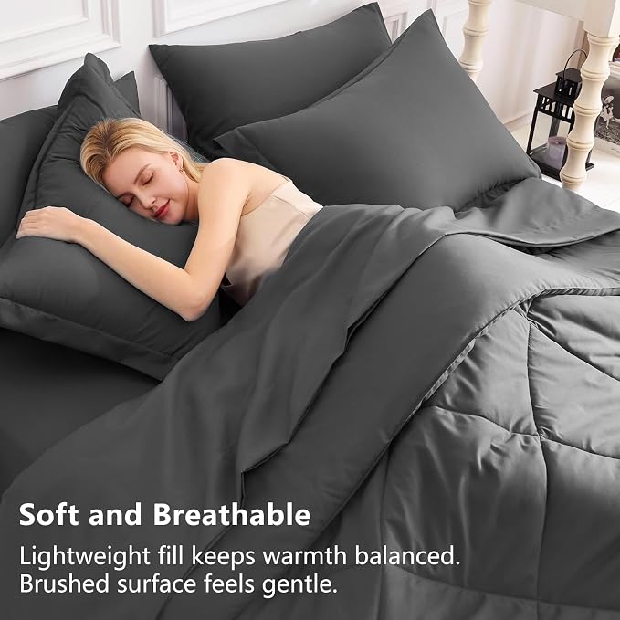 California King Comforter Set Dark Grey - 7 Pieces Bed in a Bag | OEKO-TEX Certified, All Season, 240GSM Down-Alternative Comforter, Sheets, Pillowcases & Shams, 14" Deep Pocket, Easy Care