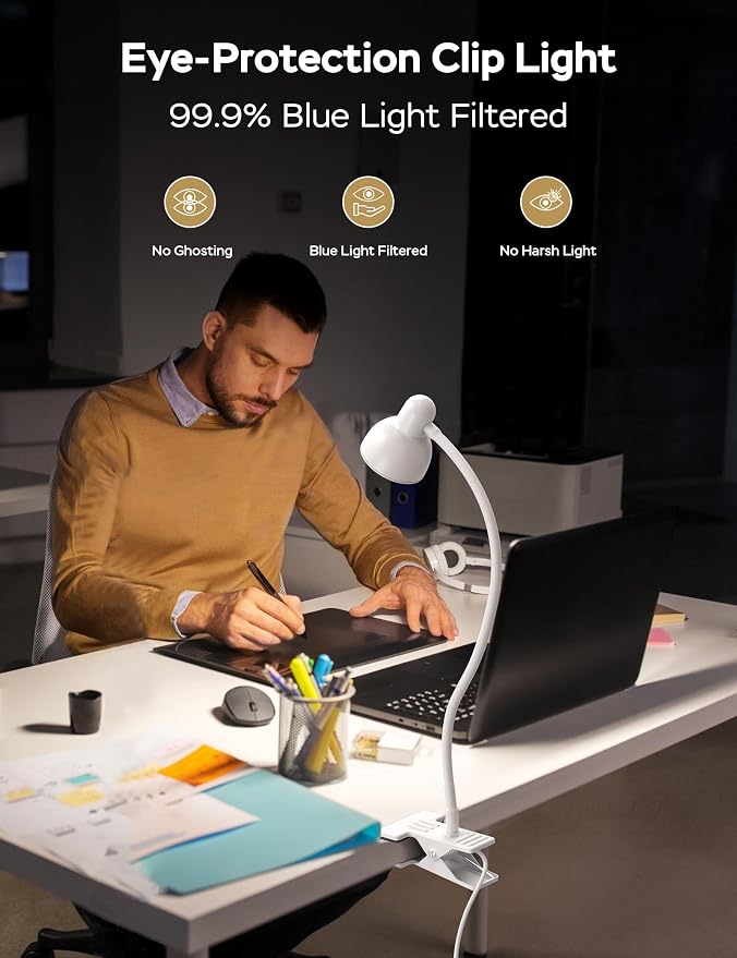 LiFMIRA Clip on Lamp USB Reading Light, Desk Lamp with Clamp White | 3 Color Modes, 10 Dimmable Brightness Eye Care Clamp Lamp with Flexible Gooseneck for Reading in Bed Desk Headboard Computer
