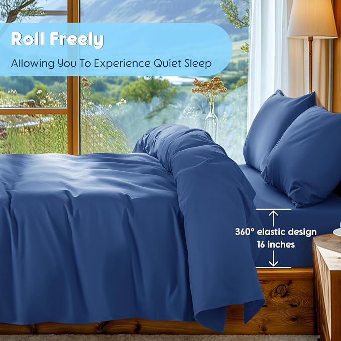 SONORO KATE 1000 Series 100% Egyptian Cotton Queen Sheet Set,4 Pieces | Soft,Breathable Long Staple,Sateen Weave,Luxury 5-Star Hotel Bed Sheets,16" Deep Pocket,Navy Blue