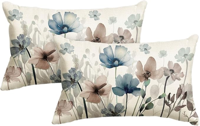 AVOIN colorlife Poppy Flowers Blue Brown Pillow Covers 12x20 Inch Set of 2 | Chinoiserie Seasonal Fall Leaves Cushion Case Decoration for Sofa Couch