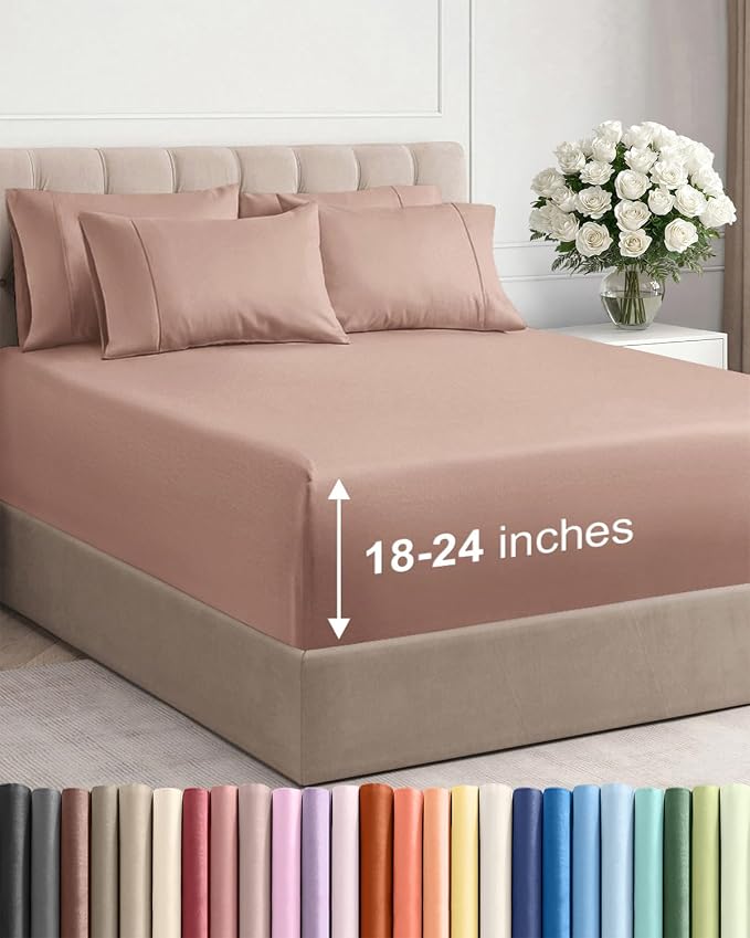 Extra Deep Queen Sheet Set - 6 Piece Breathable and Cooling Sheets - Mauve | Hotel Luxury Bed Sheets Set, Easy & Secure Fit, Ultra-Soft, Wrinkle & Fade Free, Comfy Sheets Set with Extra Deep Pockets