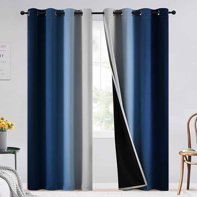 SimpleHome 100% Blackout Ombre Bedroom Curtains Blue and Greyish White,96L | Room Darkening Curtains,Thermal Insulated Grommet Window Drapes and Curtains for Living Room,2 Panels, 52x96 inches Length