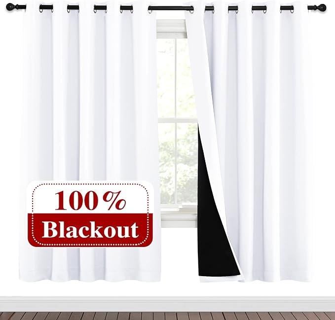 NICETOWN White Blackout Curtains for Nursery 70" Wide x 72" Long 2 Panels | 100% Room Darkening Full Light Blocking Drapes with Black Liner, Thermal Insulated Draperies Window Decor for Bedroom Kitchen