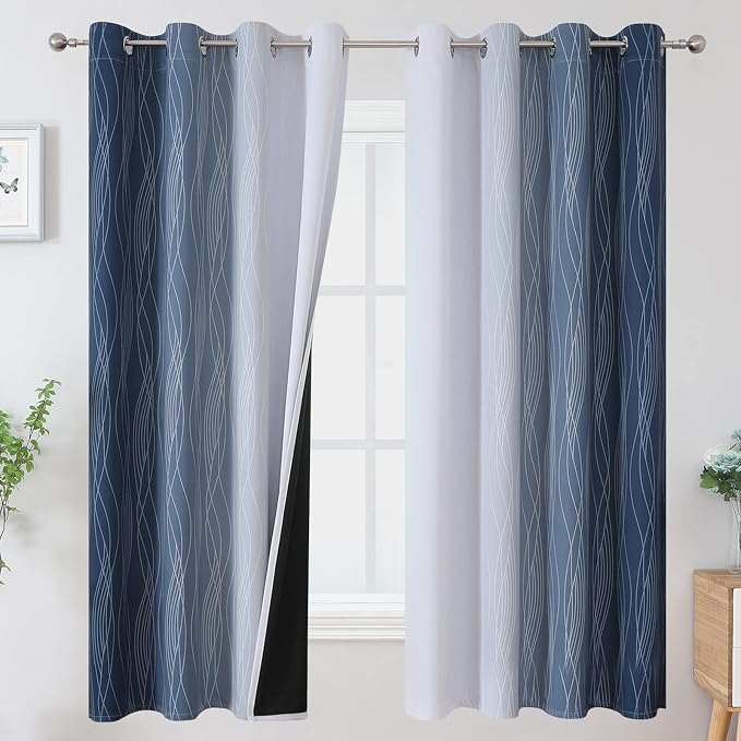 Navy Blue and Greyish White Blackout Curtains for Boys Bedroom 63 Inch Long | Estelar Textiler Ombre Room Darkening,Light Blocking,Thermal Insulated,Grommet Window Drapes for Living Room,52Wx63L,2 Panels
