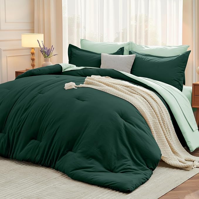 7 Pieces Queen Comforter Set, Soft Bed in a Bag Queen Size, All Season Bedding Set with Comforter, Flat Sheet, Fitted Sheet, Pillowcases & Shams, Forest Green & Sage Green