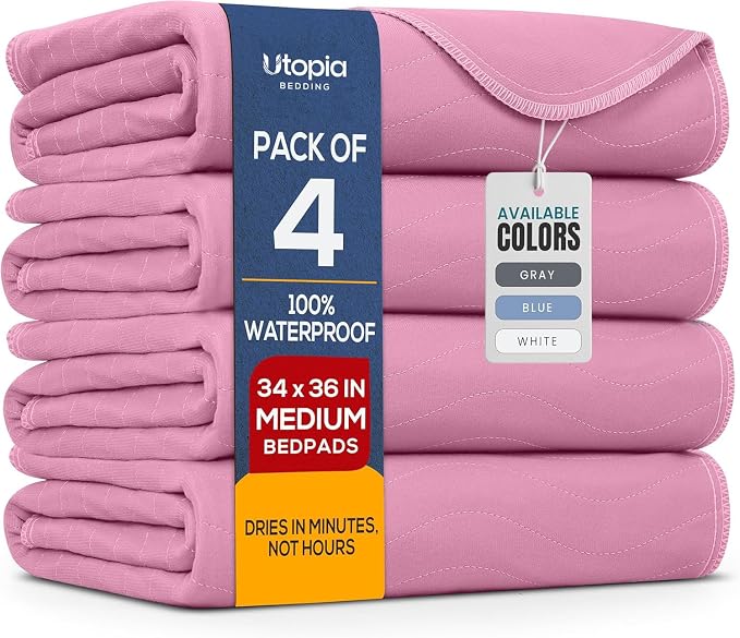 4 Pack Waterproof Reusable Heavy Absorbency Incontinence Bed Pads 34"x36" | Utopia Bedding Washable Underpads, Chuck Pads for Adults, Kids, Elderly and Pets, Bedwetting Pads for Sofa and Couch, Pink