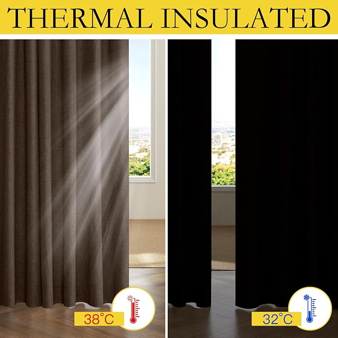 NICETOWN 100% Blackout Brown Curtains for Living Room 2 Panels Linen Blend | Bedroom Curtains for Light Sensitive Sleepers Noise Reducing, Privacy Protection, Thermal Insulated, W52" x L84" per Panel