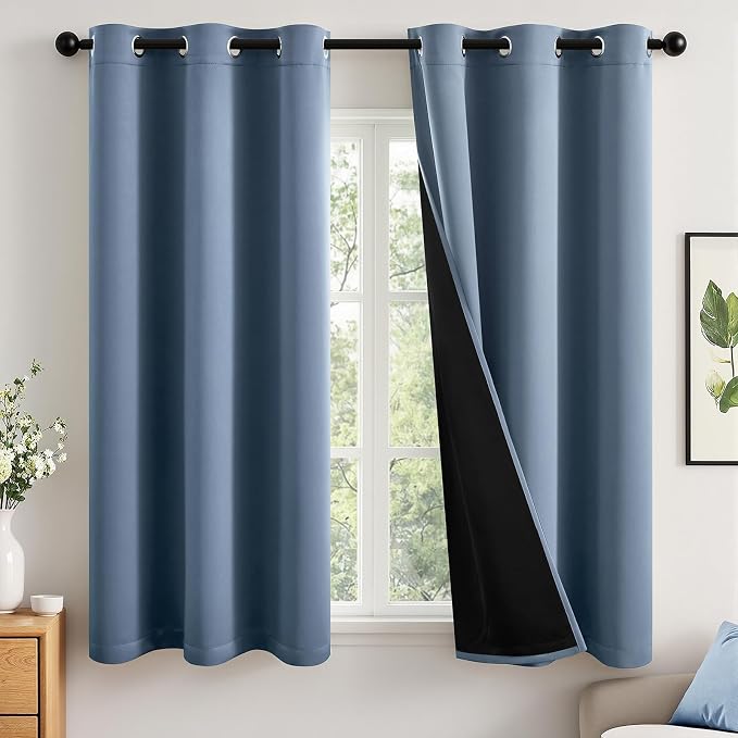 MIULEE Stone Blue 100% Blackout Short Curtains for Bedroom 40x54 Inch Long | 2 Thick Layers Thermal Insulated Window Curtains with Black Liner, Noise Reducing Grommet，Drapes for Living Room, 2 Panels