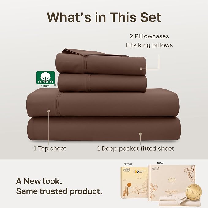 California Design Den Soft 100% Cotton Sateen King Bed Sheets Deep Pocket | 400 Thread Count Backed by Good Housekeeping Seal, 16" Deep Pocket, All-Around Elastic, 4 Pc Set - Espresso Chocolate Brown
