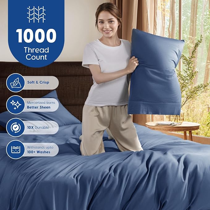 SONORO KATE 1000 Series 100% Egyptian Cotton Queen Duvet Cover Set,3PC | Long Staple Cotton,Sateen Weave,Soft,Breathable,Luxury Hotel Bedding,All-Season,Hidden Zipper Closure,Navy Blue