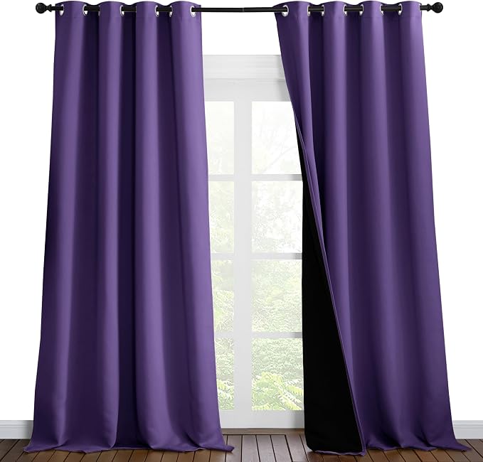NICETOWN 100% Blackout Blinds, Set of 2, 52 inches x 120 inches, Laundry Room Decor Window Treatment Curtains for Large Patio Sliding Door, Thermal Insulated Lilac Purple Curtains for Bedroom