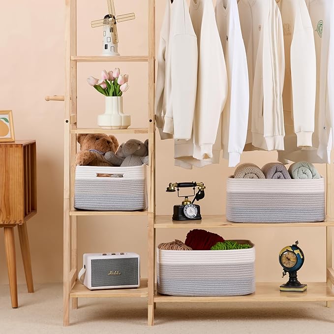 MiniArk Large Storage Baskets for Shelves, 17 x 13 x 7.5” Closet Organizers Bins for Clothes Blanket Towels, Baby Nursery, Toy Baskets Box, Woven Rope Baskets, 2 Packs Gradient Grey