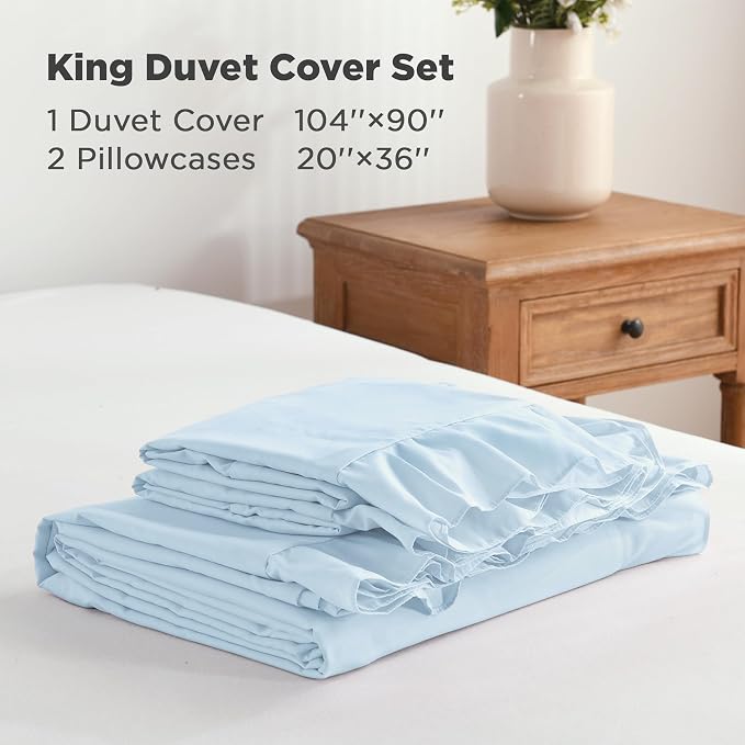 Andency Light Blue Ruffle Duvet Cover King, Shabby Chic Bedding Set | 3 Pieces Soft Washed Polyester Vintage Ruffled Comforter Cover Set with Zipper Closure & Corner Ties, 104x90Inch
