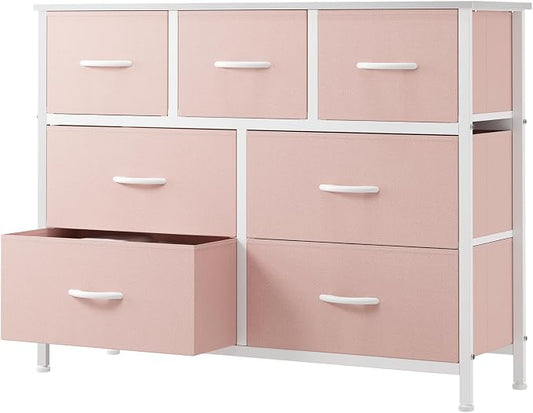 OLIXIS 7 Drawer Fabric Dresser, Storage Tower for Bedroom and Closet | Pink Easy-Pull Bins for Closet Organizers, Chest of Drawers with Sturdy Steel Frame & Wooden Top for Living Room, Entryway