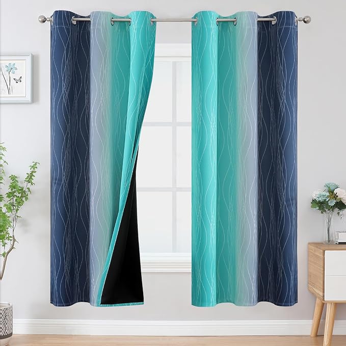 Navy Blue and Teal Gradient Blackout Curtains for Living Room 72 Inch Long | Estelar Textiler Ombre Curtains for Bedroom,Room Darkening Thermal Insulated Energy Saving Grommet Drapes,42Wx72L,2 Panels