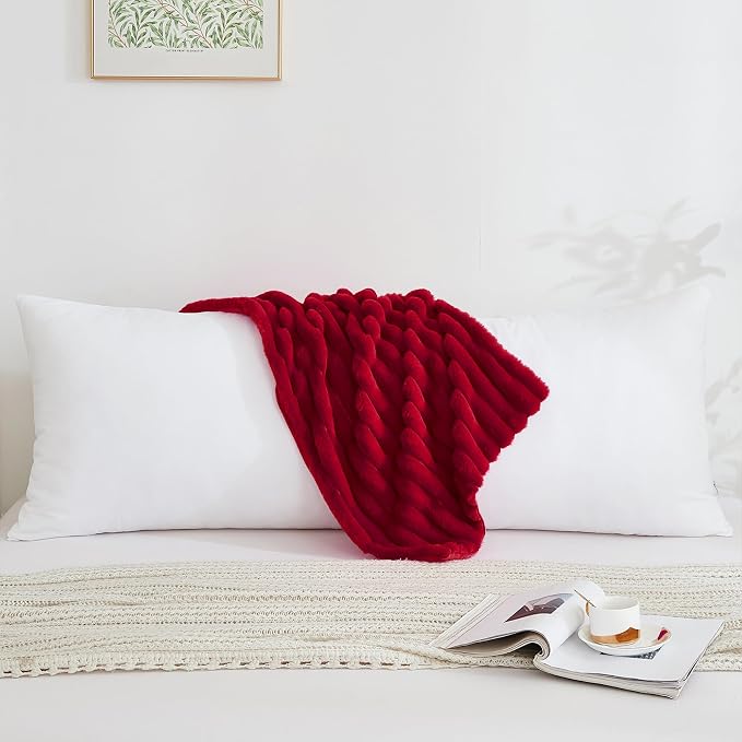 Full Body Pillow with Fluffy Stripe Faux Fur Removable Cover, 7D Fiber Fill, Long Bed Pillow for Adults 20x54 Inches for Side Sleeper and Pregnancy, Burgundy