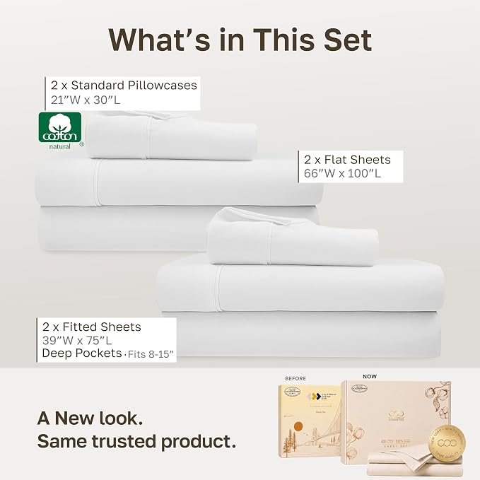 California Design Den 2-Pack 100% Cotton Sateen Twin Size Bed Sheets Set | 400 Thread Count Backed by Good Housekeeping Seal, All-Around Elastic, Durable, Easy Care, OEKO-TEX certified - Antique White