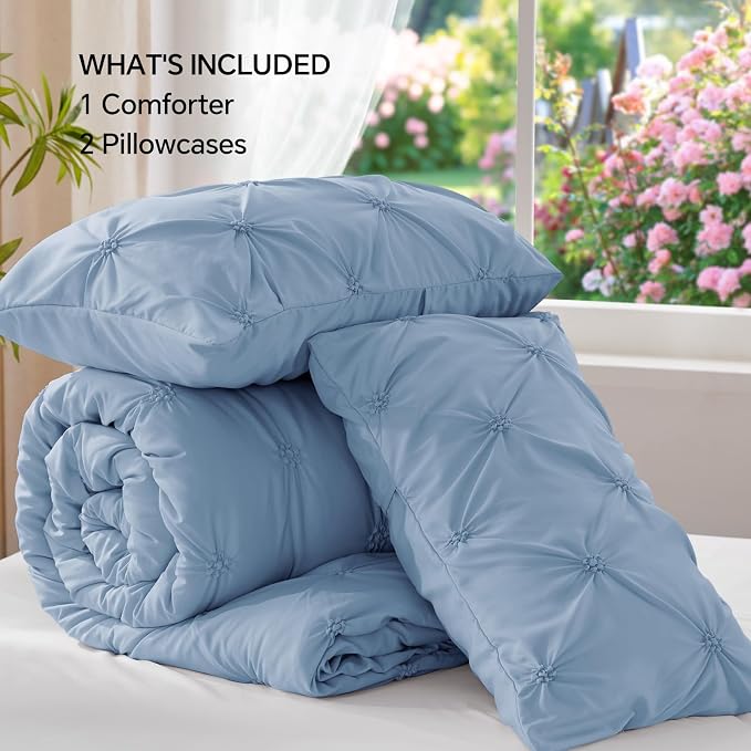 BEDELITE Queen Comforter Set Cornflower Blue,Lightweight & Soft Comforter | Pintuck Boho Bedding, Warm & Cute Bed Set for All Season,With 2 Pillowcases