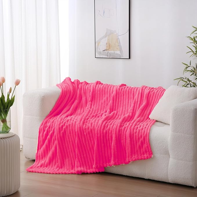 Hot Pink Fleece Throw Blanket 60”×80” for Couch Sofa Livingroom | Super Soft Cozy Plush Microfiber Flannel Bed Blanket Striped Design Lightweight Home Decor Gifts for Adults Mom Women