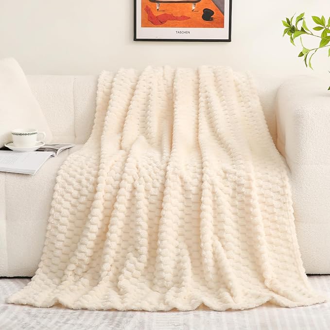 Puncuntex Cream White Throw Blanket 108"×90" Fuzzy 3D Jacquard Decorative | Flannel Fleece Super Soft Plush Cozy Blanket for Couch Sofa Chair Lightweight