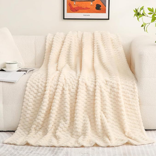 Puncuntex Cream White Throw Blanket 60"×80" Fuzzy 3D Jacquard Decorative | Flannel Fleece Super Soft Plush Cozy Blanket for Couch Sofa Chair Lightweight
