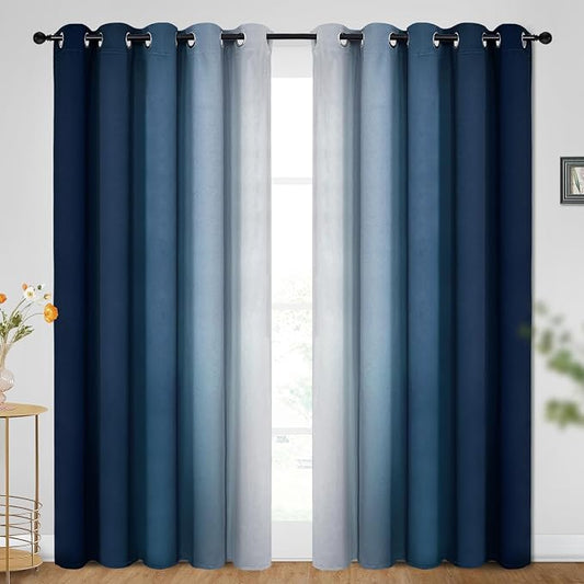 SimpleHome Ombre Blue to Grey White Curtains for Living Room 70Wx84L | Room Darkening Curtains for Bedroom,Gradient Light Blocking Curtain,Thermal Insulated Grommet Window Drapes,2 Panels,84 Inch