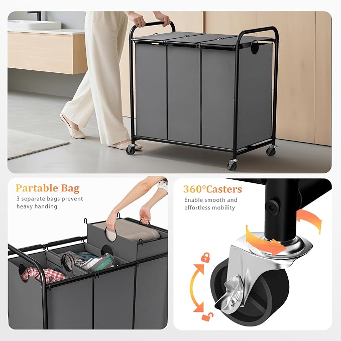 180L Laundry Sorter 3 Section, Rolling Laundry Basket with Wheels and Lid | 47.55 Gal Laundry Hamper, 3 Separated Removable Bags, Lockable Wheels, Dirty Clothes Hamper for Laundry Room Organizer, Grey