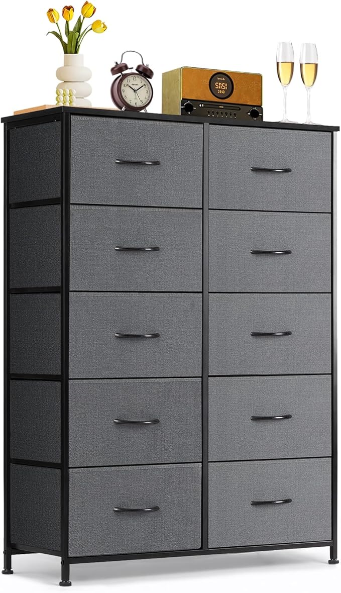 10-Drawer Dresser for Bedroom, Anti-Tip Tall Storage Organizer | Chest of Drawers with Wooden Top and Metal Frame Fabric Bins for Closet, Living Room, Hallway, Entryway, Gray