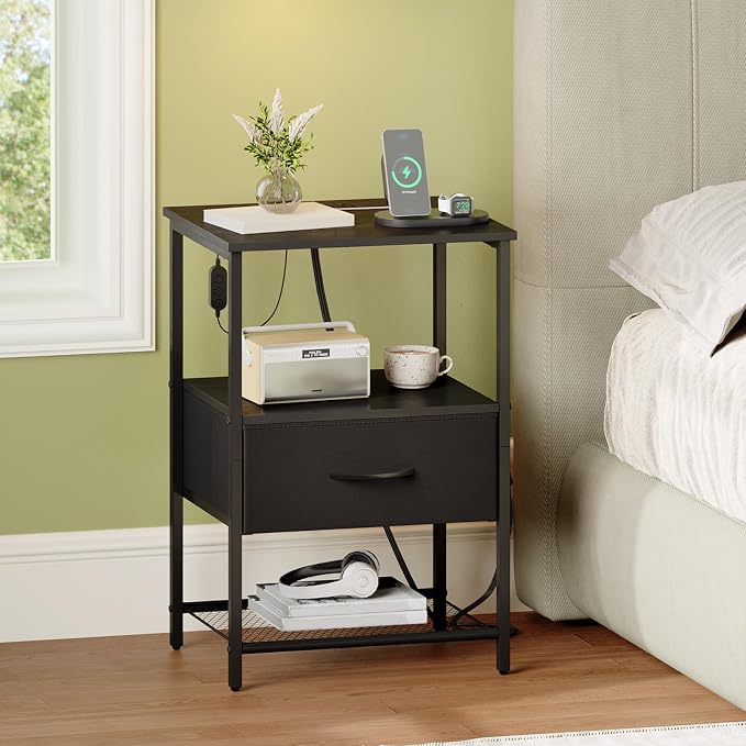 Somdot Nightstand Set of 2 with Charging Station & LED Light, Bedside Table | Dorm, Guest Room, Kids Room, Laundry, Closet, Entryway and Hallway, Black