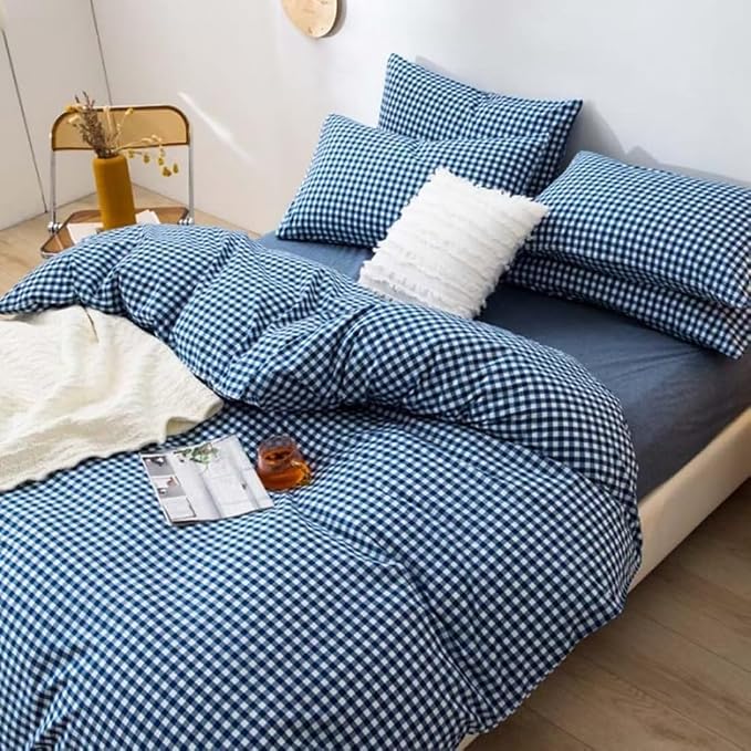 LifeTB Royal Blue Gingham Comforter Set King Modern Style Blue Plaid Checkered Comforter Set Soft Fluffy Grid Bed Comforter 3 Pieces Farmhouse Bedding Set Plaid Gingham Bedding Comforter King