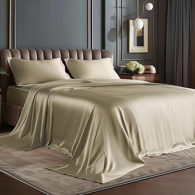 BEDELITE Satin Sheets Queen Size Bed Set, Taupe, 4 Pieces | Luxury Silky Bed Sheets, 15 Inch Deep Pocket, Similar to Silk, Soft and Cooling, Reduces Friction, Gentle on Hair and Skin
