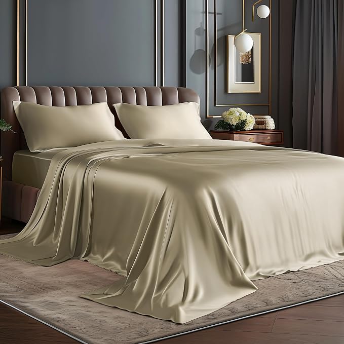 BEDELITE Satin Sheets Twin XL Size Bed Set, Taupe, 3 Pieces | Luxury Silky Bed Sheets, 15 Inch Deep Pocket, Similar to Silk, Soft and Cooling, Reduces Friction, Gentle on Hair and Skin