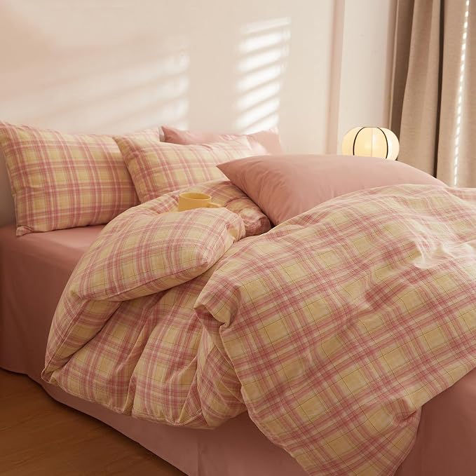 LifeTB Pink & Yellow Buffalo Plaid Comforter Set Full Size, 3 Piece Vintage Plaid Checkered Pattern Comforter with 2 Pillowcases, Grid Farmhouse Bedding Set Gingham Bedding Comforter for All Season