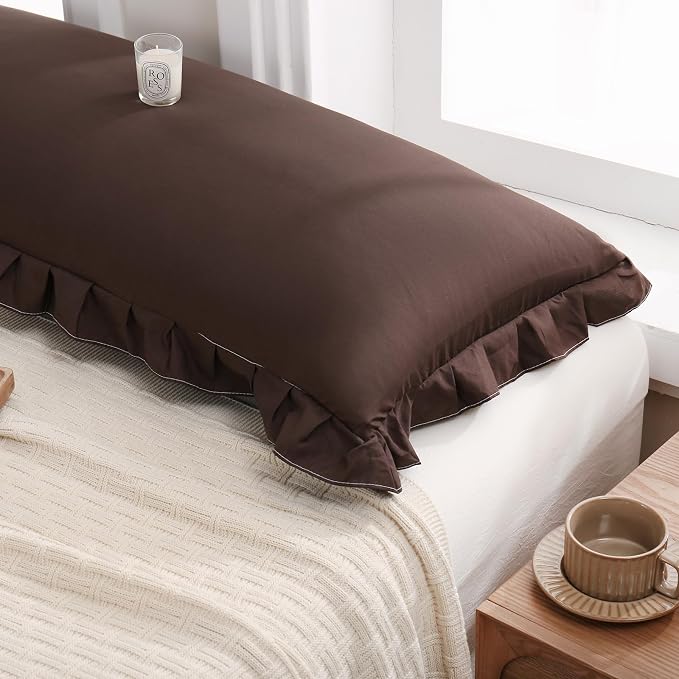 Merryword Dark Brown Body Pillow Cover 20x54inches Chocolate Long Pillowcase Ruffled Body Pillowcases Cute Pillowcase Pillow Sham (1 Body, Chocolate)