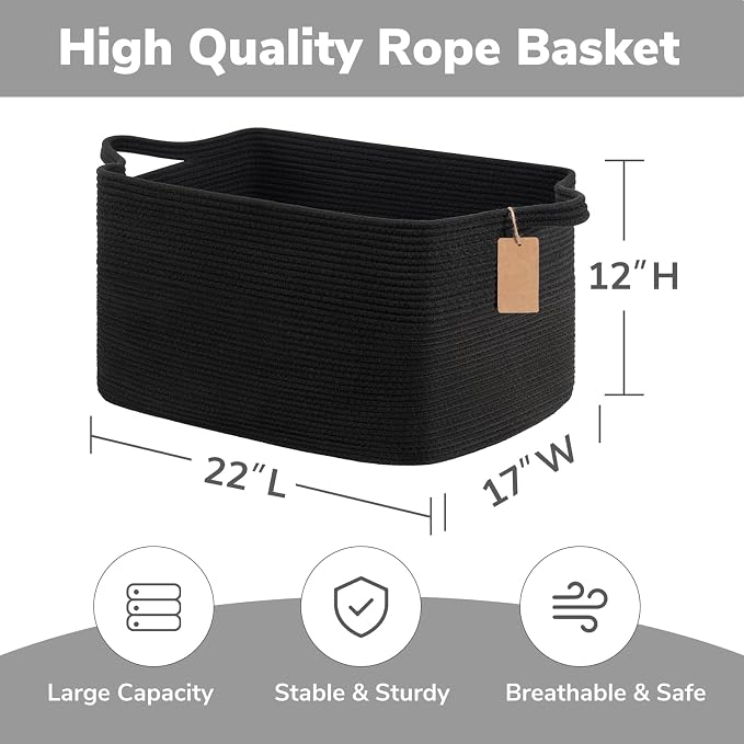 Goodpick 75L Extra Large Woven Rope Blanket Basket, Rectangle, Black | 22" × 17" × 12" Decorative Storage Basket for Pillows, Toys & Clothes, Fits Bedroom & Nursery Organization, Writable Label