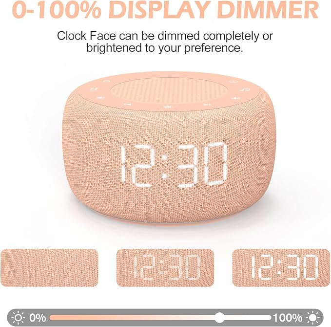 Buffbee Sound Machine & Alarm Clock 2-in-1, Bedroom Sleep Clock, Peach | 0-100% Clock Face Brightness, Bottom Colored Light, Sleep Timer, Precise 30-Level Volume White Noise Machine