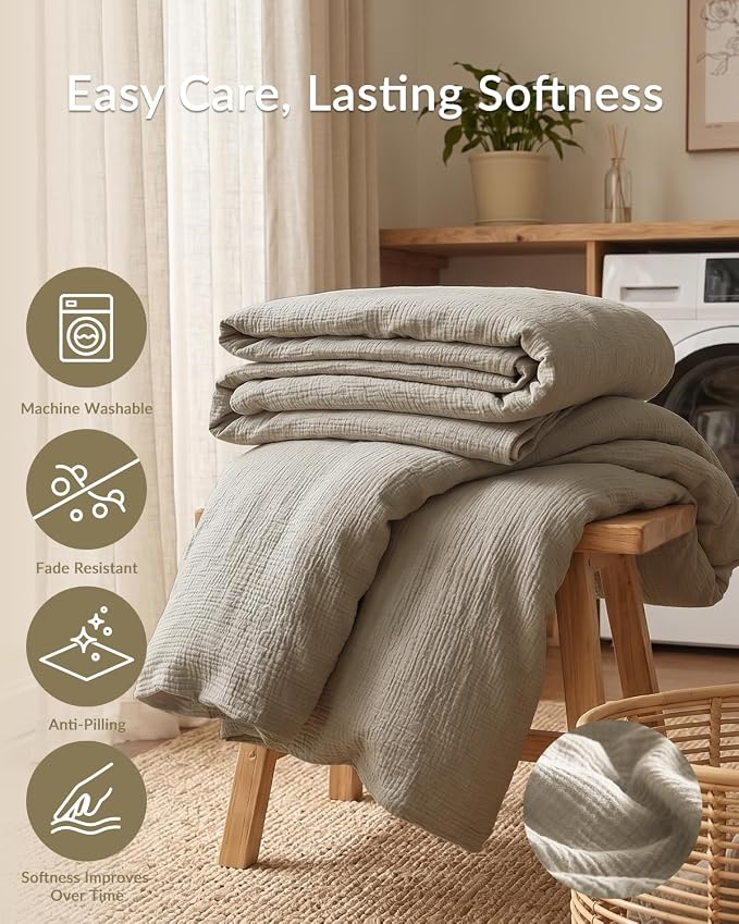 SE SOFTEXLY Muslin Duvet Cover Queen Size, 100% Washed Cotton Duvet Cover Set, Ultra Soft Comforter Cover Linen Like, 3 Pieces Minimalist Gauze Duvet Cover with 2 Pillowcases, 68"x90", Oatmeal