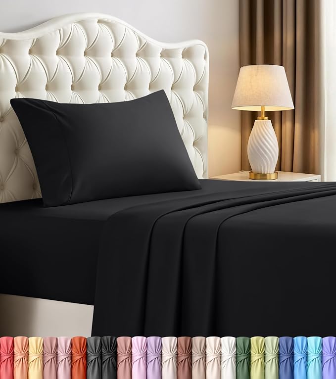 Twin Sheets Set, 3 Pieces 16" Deep Pocket Hotel Luxury Bed Sheets, Black | Extra Soft Bedsheet Set, Comfy & Breathable Cooling Sheets, Wrinkle & Fade Resistant, Fitted Sheet, Flat Sheet, 1 Pillowcase