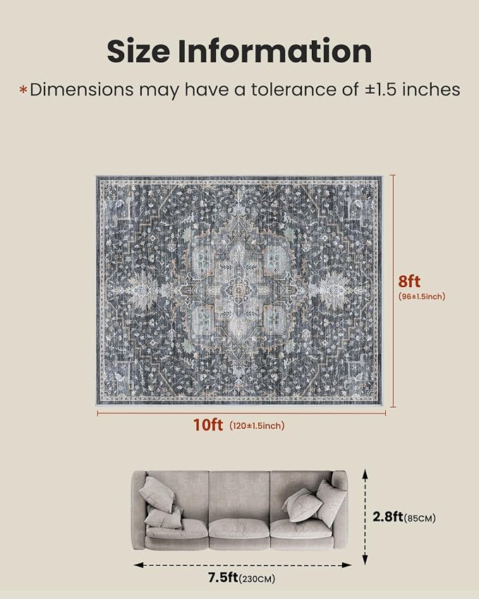AMADA HOMEFURNISHING 8x10 Washable Area Rug, Low-Profile Large Area Rug with Non-Slip Backing & Durable Edge Binding, Vintage Large Rugs for Living Room, Bedroom, Dinning Room