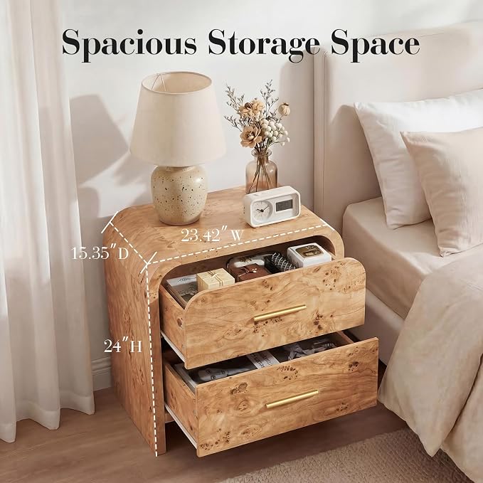 Night Stand Set of 2 [Unique Curved Profile] [FSC-Certified Wooden Board] 2-Drawer Nightstand 24" H Metal Handle Modern Sturdy Bedside Table Side Table End Table | [Curved Profile] [FSC-Certified Wooden Board] Nightstand 24" H Metal Handle Modern Bedsi...