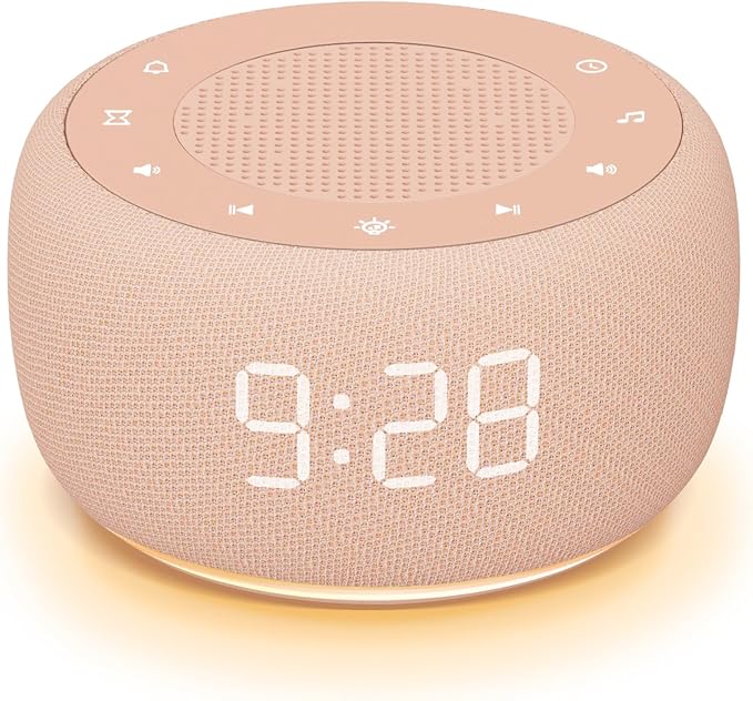 Buffbee Sound Machine & Alarm Clock 2-in-1, Bedroom Sleep Clock, Peach | 0-100% Clock Face Brightness, Bottom Colored Light, Sleep Timer, Precise 30-Level Volume White Noise Machine