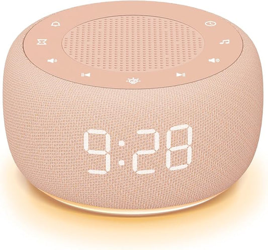 Buffbee Sound Machine & Alarm Clock 2-in-1, Bedroom Sleep Clock, Peach | 0-100% Clock Face Brightness, Bottom Colored Light, Sleep Timer, Precise 30-Level Volume White Noise Machine