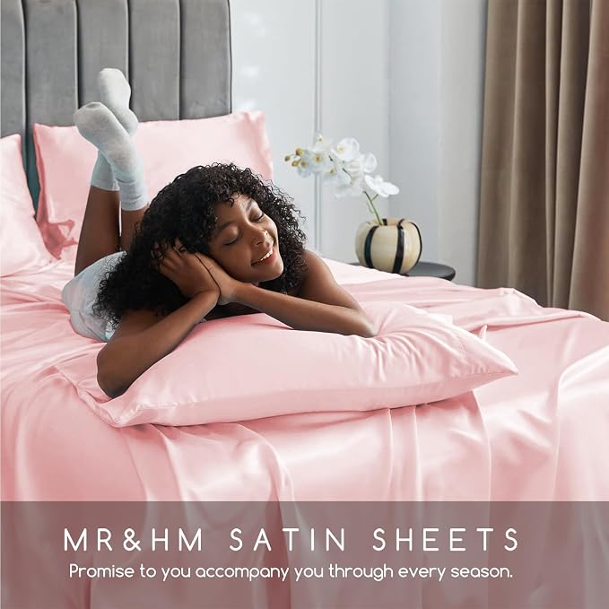 MR&HM Satin Sheets Full Size with Elastic Corner Straps, Light Pink | Similar to Silk, 4-Piece Silky Soft Bed Sheet Set, Gentle on Skin and Hair, 15" Deep Pocket, Cooling & Breathable