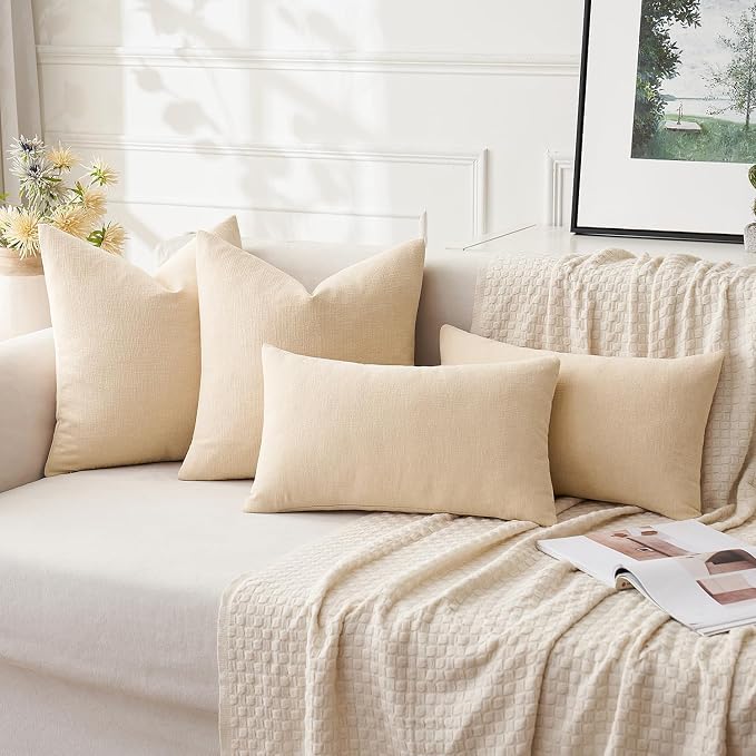MIULEE Beige Chenille Couch Lumbar Throw Pillow Covers, 12x20 | Set of 2, Soft Neutral Modern Farmhouse Home Decor, Decorative Pillowcases for Sofa Living Room Bed