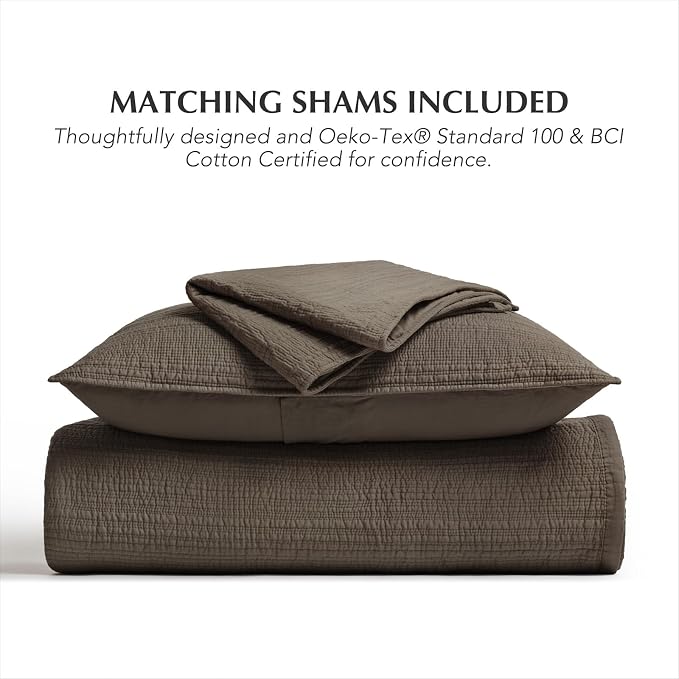EVERGRACEHOME Cotton Sateen Channel Quilt Set, King Size, Espresso Brown | 100% Cotton, Pre-Washed Soft Coverlet Bedspread, 3-Piece Refined Channel Stitch Bedding Set for All Season, 2 Pillow Shams