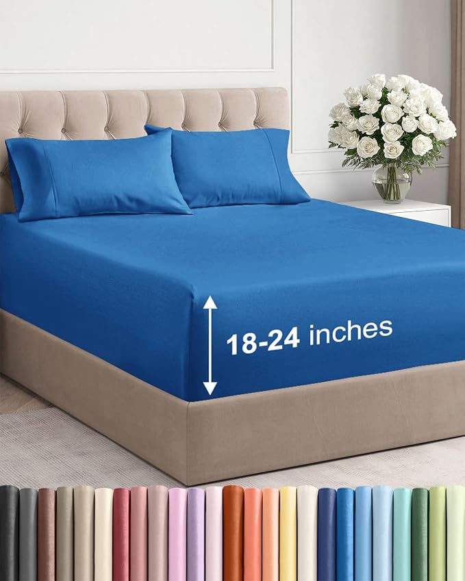 Extra Deep Twin Sheet Set - 4 Piece Breathable Cooling Sheets - Royal Blue | Hotel Luxury Bed Sheets Set, Easy & Secure Fit, Ultra-Soft, Wrinkle & Fade Free, Comfy Sheets Set with Extra Deep Pockets