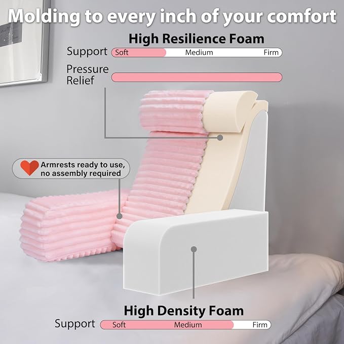 ENITYA 22" XL Back Pillow for Bed Sitting Up with Armrests & Big Pockets | Supportive Reading Pillow with Removable Washable Cover, Ideal for Bedroom, Living Room, Dorm, Modern Style, Pink