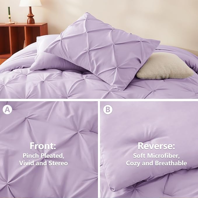 HIMEET Queen Comforter Set Lavender - 7 Pieces Pintuck Bed in a Bag | OEKO-TEX Certified, 240GSM Down Alternative Comforter, 14" Deep Pocket Fitted Sheet + Flat Sheet + 2 Pillowcases + 2 Shams