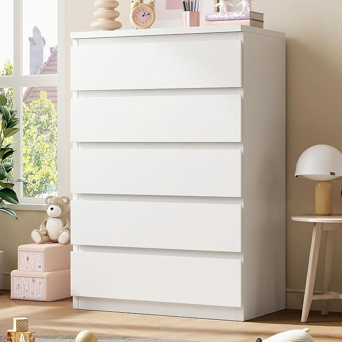 5 Drawer Dresser for Bedroom, White Dresser Chest of Drawers, Tall Dressers for Bedroom with Handleless Drawers, 15" D x 23.7" W x 40.4" H Storage Dressers for Living Room, Hallway and Entryway-White